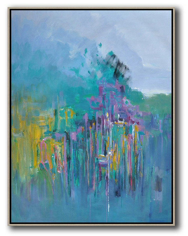 Oversized Canvas Art On Canvas,Abstract Landscape Painting,Oversized Art,Purple Grey,Green,Purple,Yellow